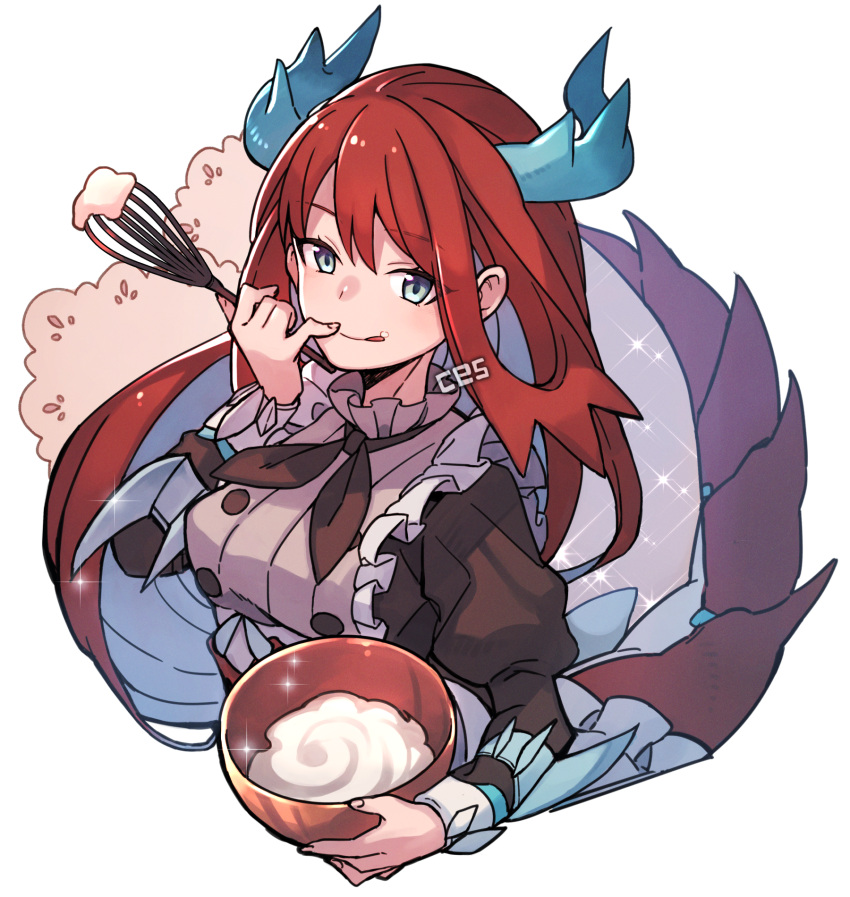 1girl, apron, blue_eyes, breasts, ce5, cooking_pot, dragon_girl, dragon_horns