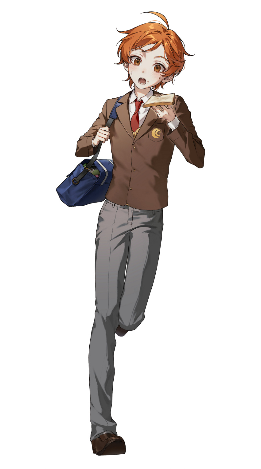 1boy, absurdres, ahoge, bag, blazer, blue_bag, bread, bread_slice