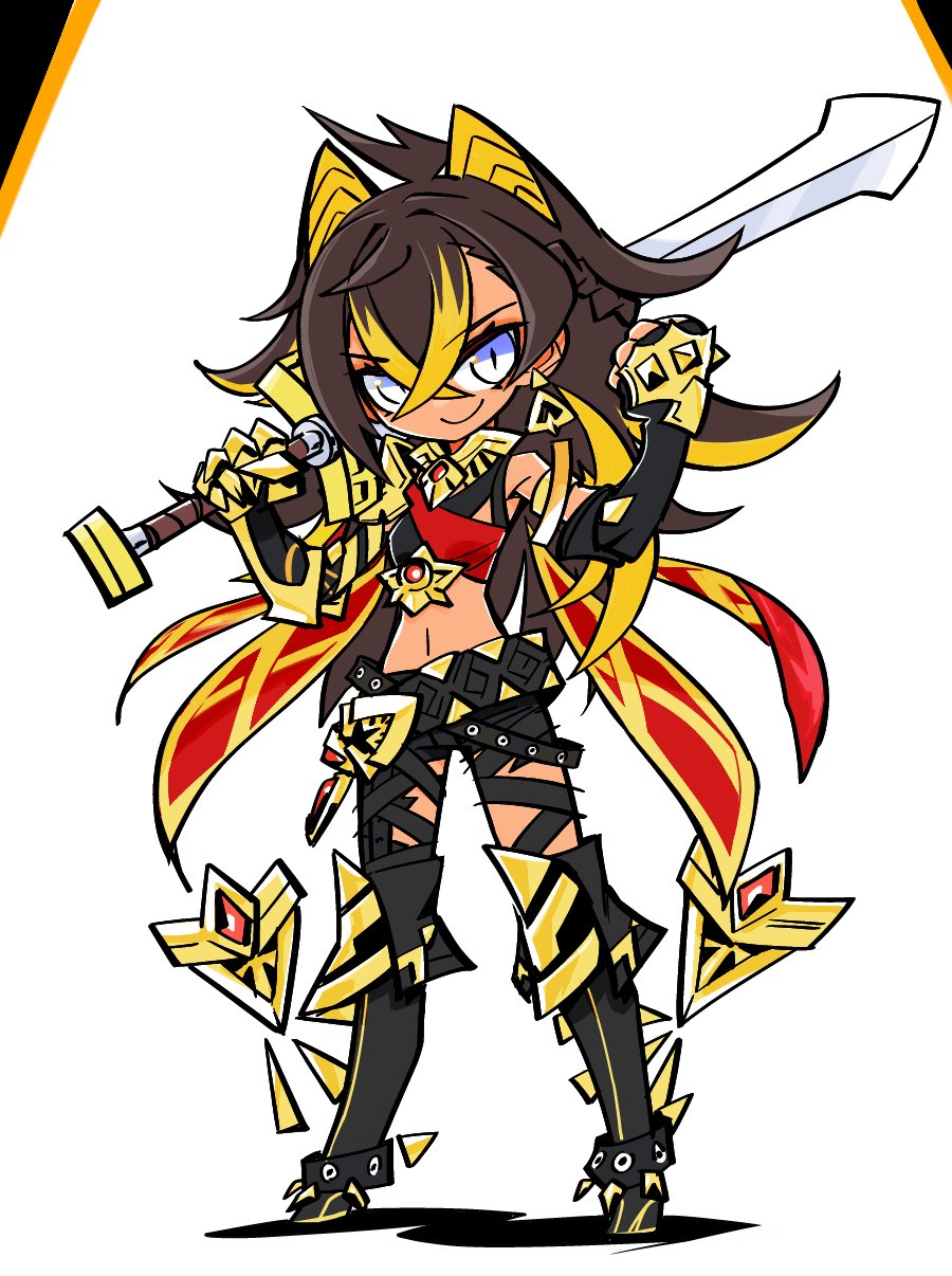 1girl, belt, black_hair, blonde_hair, blue_eyes, boots, breasts, clenched_hand