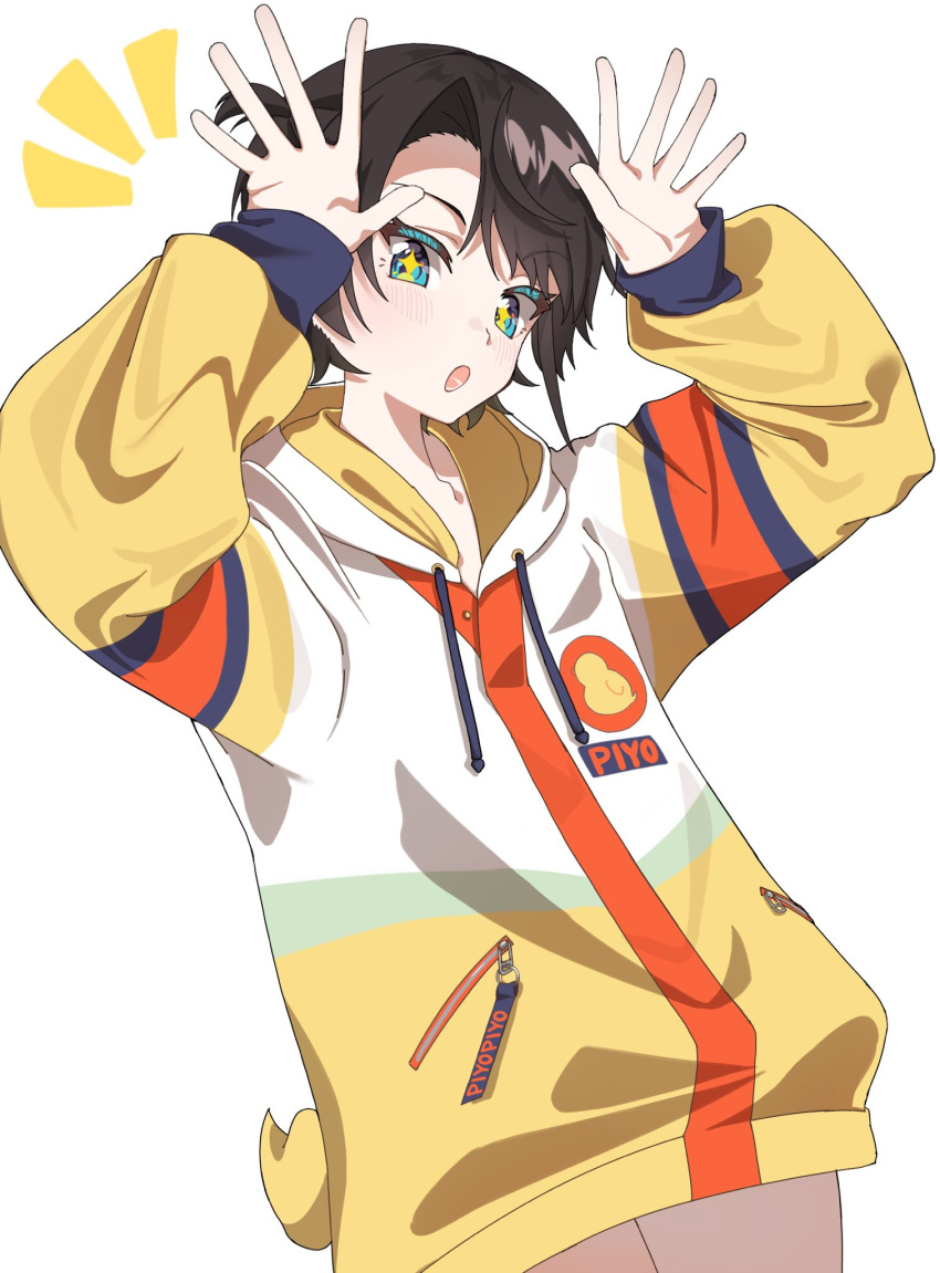 +_+, 1girl, aqua_eyes, brown_hair, casual, highres, hololive, hood, hoodie, looking_at_viewer, official_alternate_costume, oozora_subaru, oozora_subaru_(loungewear), open_mouth, parted_bangs, s_hrkss, short_hair, simple_background, solo, two_side_up, virtual_youtuber, white_background