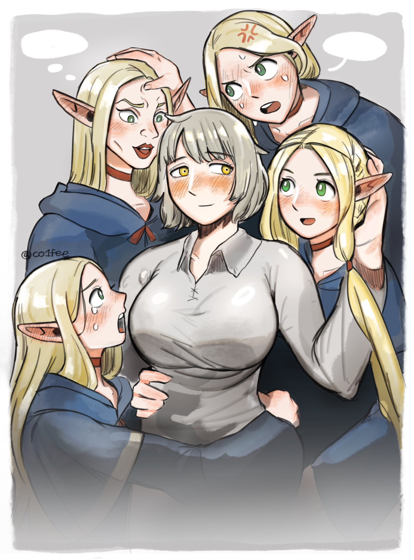 5girls, blonde_hair, blue_cape, blue_robe, blush, braid, cape, capelet