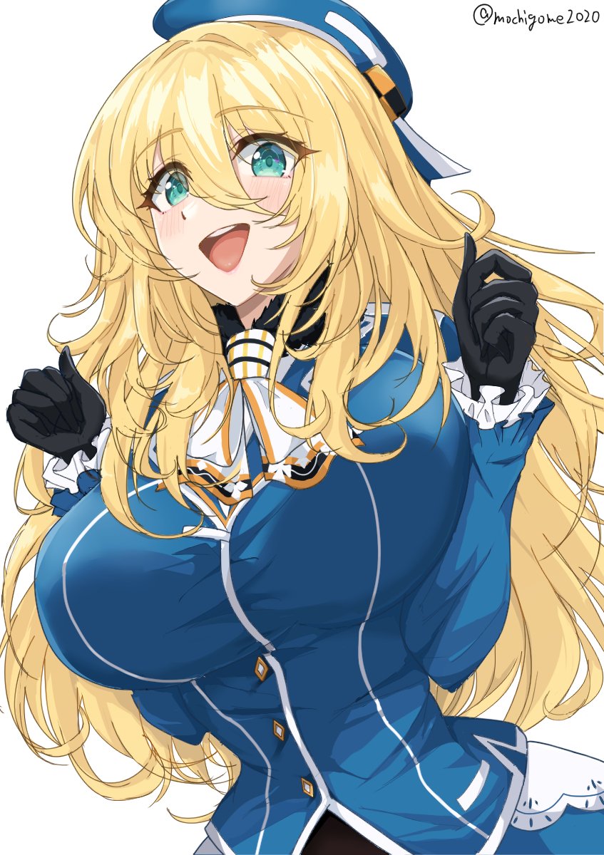 1girl, atago_(kancolle), beret, black_gloves, blonde_hair, blue_eyes, blue_hat, blue_skirt