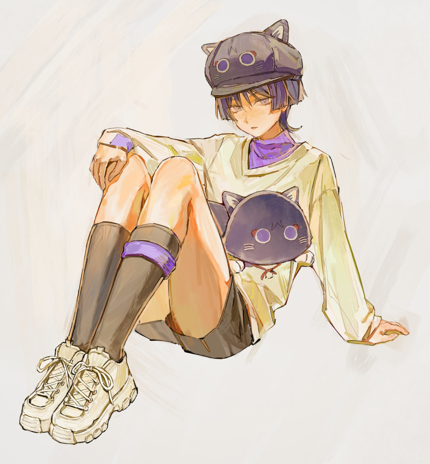 1boy, animal_hat, black_hat, black_shorts, black_socks, full_body, genshin_impact, grey_background, hair_between_eyes, hat, highres, kneehighs, lic_617, long_sleeves, looking_at_viewer, male_focus, purple_hair, scaramouche_(cat)_(genshin_impact), scaramouche_(genshin_impact), shoes, shorts, simple_background, sitting, sleeves_past_wrists, sneakers, socks, solo, stuffed_animal, stuffed_cat, stuffed_toy, tongue, tongue_out, violet_eyes, white_footwear