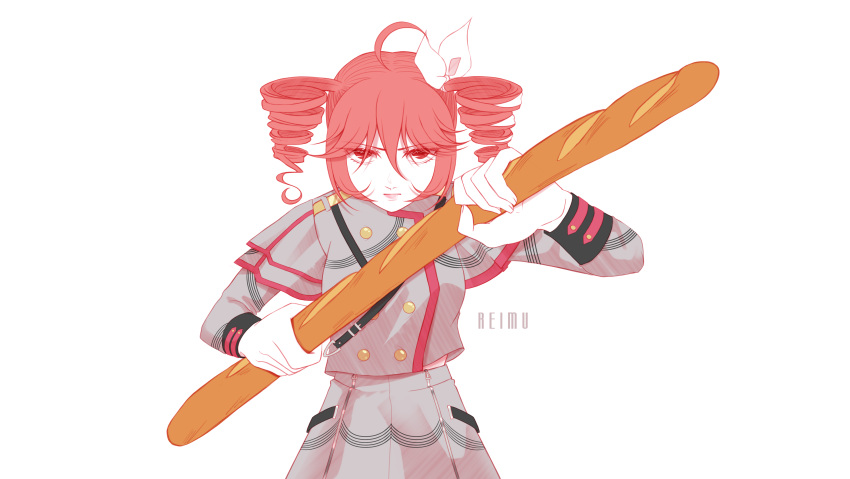 1girl, absurdres, ahoge, baguette, bow, bread, buttons, closed_mouth