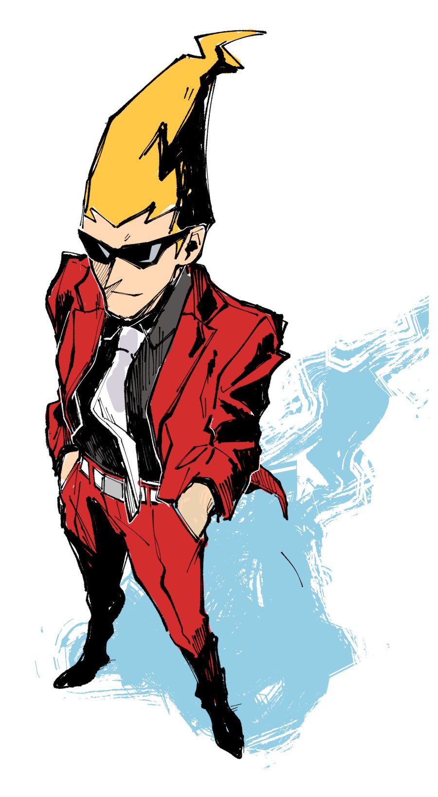1boy, black_shirt, blonde_hair, closed_mouth, ghost_trick, hands_in_pockets, highres, jacket