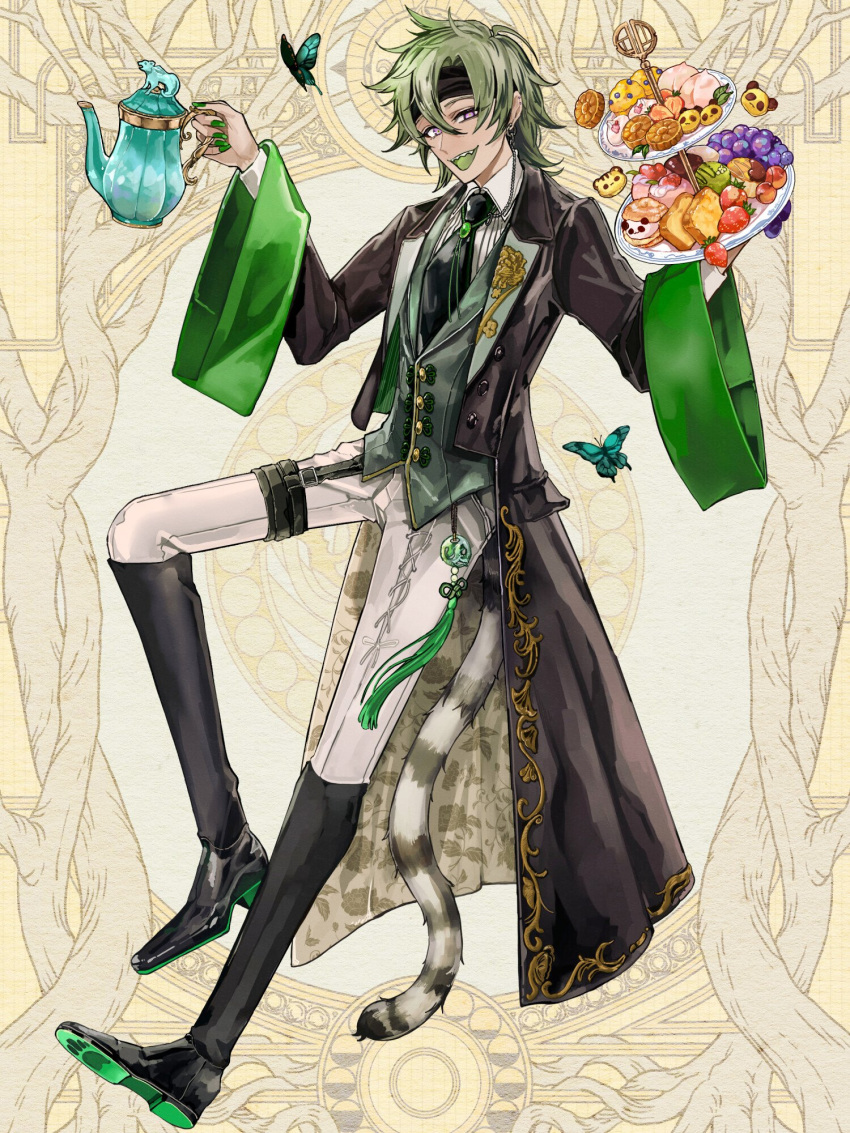 1boy, :d, animal-themed_food, aqua_butterfly, ashioka_kuraco, baozi, black_coat, black_footwear
