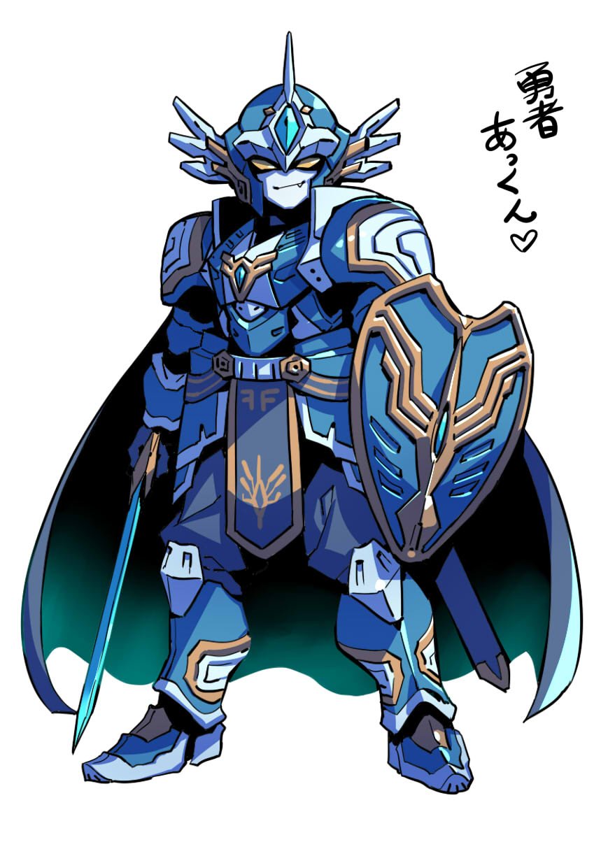 1boy, akkun_daimaou, alternate_costume, armor, arms_at_sides, blue_armor, blue_cape, cape
