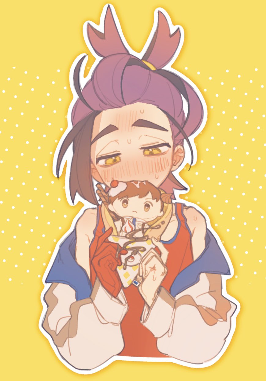 1boy, black_hair, blush, character_doll, crepe, eating, florian_(pokemon), food