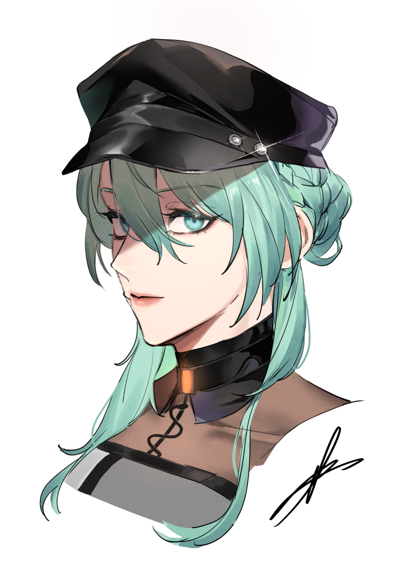 1girl, absurdres, aqua_eyes, aqua_hair, black_hat, braid, braided_bun, closed_mouth