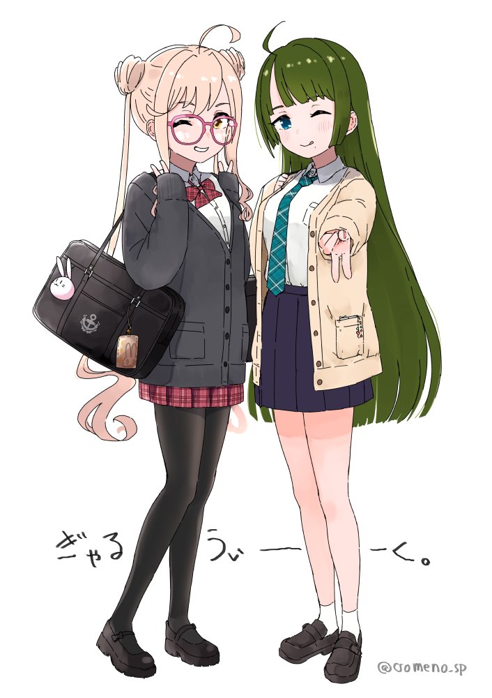 2girls, :q, ahoge, alternate_costume, bag, bag_charm, bespectacled, black_footwear, blue_eyes, blue_necktie, blush, bow, bowtie, breasts, cardigan, charm_(object), collared_shirt, double_bun, double_v, full_body, glasses, green_hair, grin, hair_bun, kantai_collection, loafers, long_hair, long_sleeves, looking_at_viewer, makigumo_(kancolle), mole, mole_under_mouth, multiple_girls, necktie, one_eye_closed, pantyhose, pink_hair, plaid, plaid_skirt, pleated_skirt, red_bow, red_bowtie, school_bag, shirt, shoes, sidelocks, simple_background, skirt, sleeves_past_wrists, smile, socks, someno_haru, standing, tongue, tongue_out, twitter_username, v, white_background, white_shirt, white_socks, yellow_eyes, yuugumo_(kancolle)