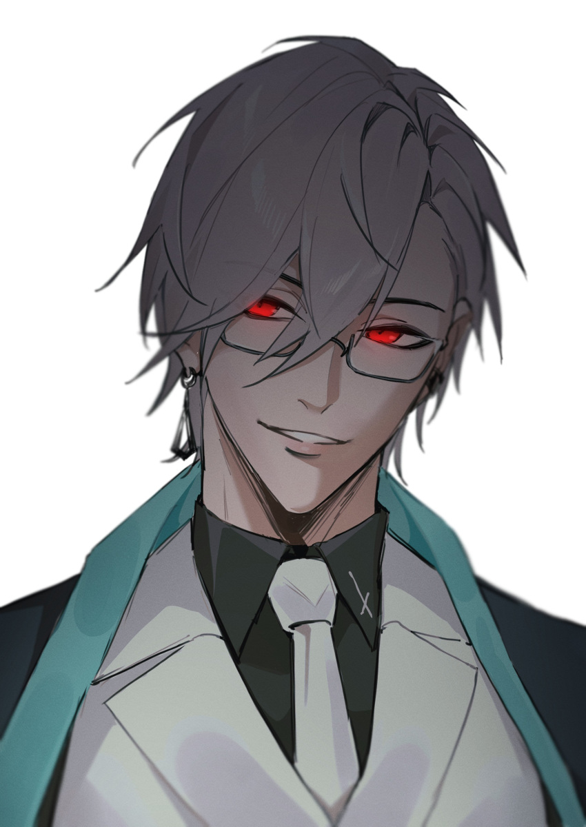 1boy, absurdres, black_coat, black_shirt, coat, coat_on_shoulders, collared_shirt, commentary_request, earrings, glasses, grey_hair, highres, jacket, jewelry, male_focus, mr._fox_(path_to_nowhere), necktie, parted_lips, path_to_nowhere, red_eyes, shirt, short_hair, simple_background, smile, solo, suit_jacket, toho10min, white_background, white_jacket, white_necktie