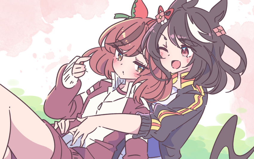 2girls, ;d, animal_ears, black_hair, black_jacket, brown_eyes, commentary_request, ear_covers
