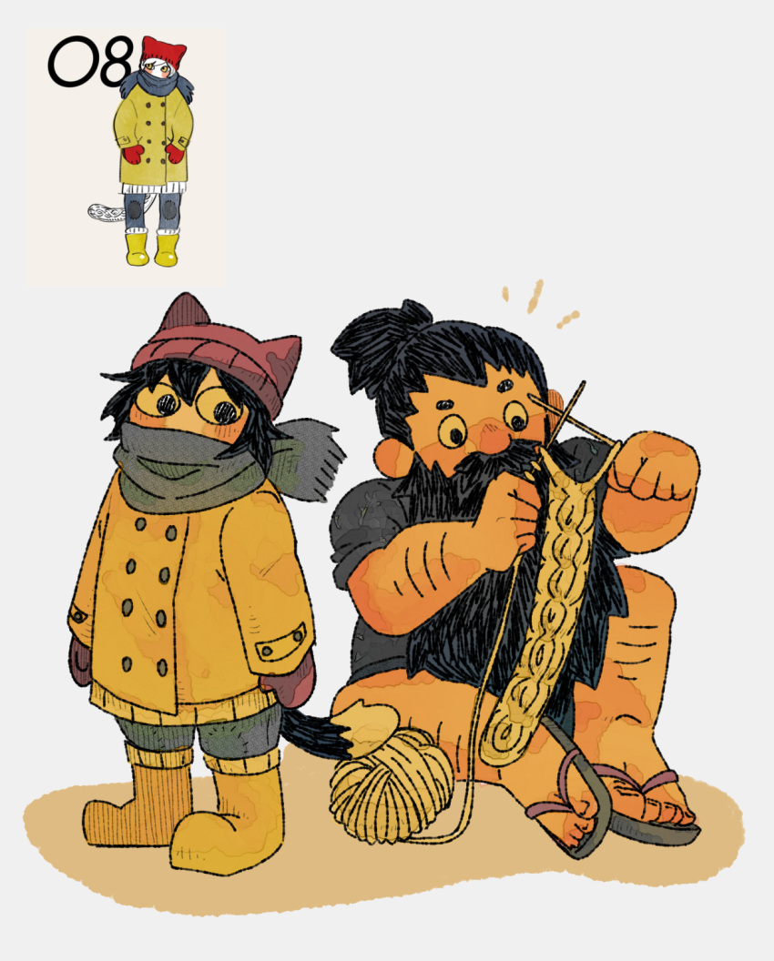 1boy, 1girl, beanie, beard, black_hair, border, brown_hair, cat_girl