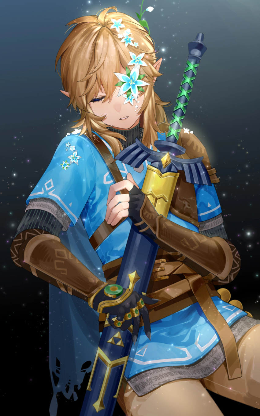 1boy, absurdres, black_background, black_gloves, blonde_hair, blue_tunic, brown_pants, champion's_tunic_(zelda)
