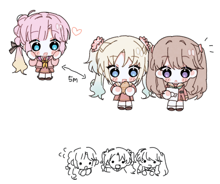 17_(i77_com), 3girls, :o, ahoge, anyoji_hime, aqua_neckerchief, arrow_(symbol), black_ribbon, blonde_hair, blue_eyes, blue_hair, blunt_bangs, brown_dress, brown_footwear, brown_hair, chibi, chibi_only, dress, flower, food, fujishima_megumi, gradient_hair, hair_flower, hair_ornament, hair_ribbon, hashtag-only_commentary, hasu_no_sora_school_uniform, heart, holding, holding_food, jacket, light_blue_hair, link!_like!_love_live!, long_hair, long_sleeves, looking_at_another, love_live!, medium_dress, mira-cra_park!, multi-tied_hair, multicolored_hair, multiple_girls, neckerchief, notice_lines, open_clothes, open_jacket, open_mouth, osawa_rurino, parted_bangs, pink_flower, pink_hair, pink_jacket, pleated_dress, ponytail, ribbon, sailor_collar, sailor_dress, school_uniform, sidelocks, solid_circle_eyes, swept_bangs, taiyaki, twintails, two-handed, two_side_up, violet_eyes, virtual_youtuber, wagashi, watching, white_background, white_sailor_collar, winter_uniform, yellow_neckerchief