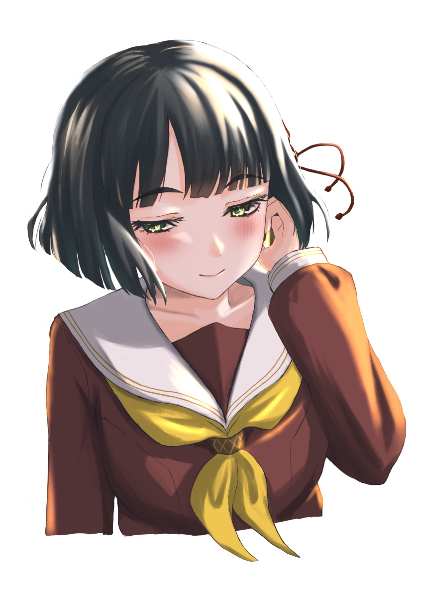 1girl, absurdres, black_hair, blunt_bangs, blunt_ends, blush, brown_dress, closed_mouth