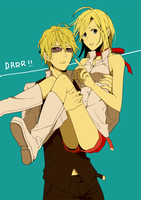 1girl, blonde_hair, blue_eyes, boots, carrying, choker, couple, durarara!!