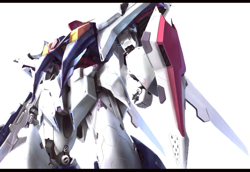 from_below, gun, gundam, gundam_hathaway's_flash, gundam_hathaway's_flash, letterboxed, mecha, no_humans, shield, simple_background, solo, tori_yuhu, weapon, xi_gundam