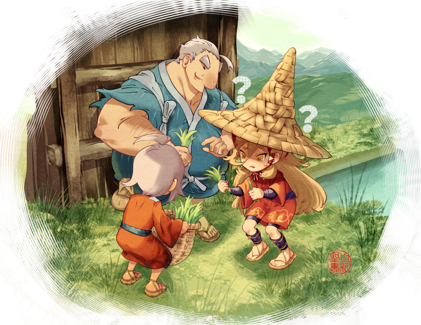 1boy, 2girls, ?, ??, absurdres, ahoge, basket, big_nose