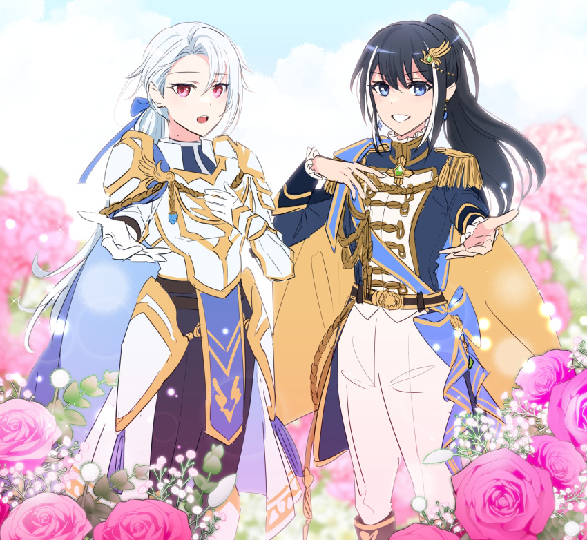 2girls, absurdres, aiguillette, alternate_hairstyle, armor, asymmetrical_bangs, belt, belt_buckle