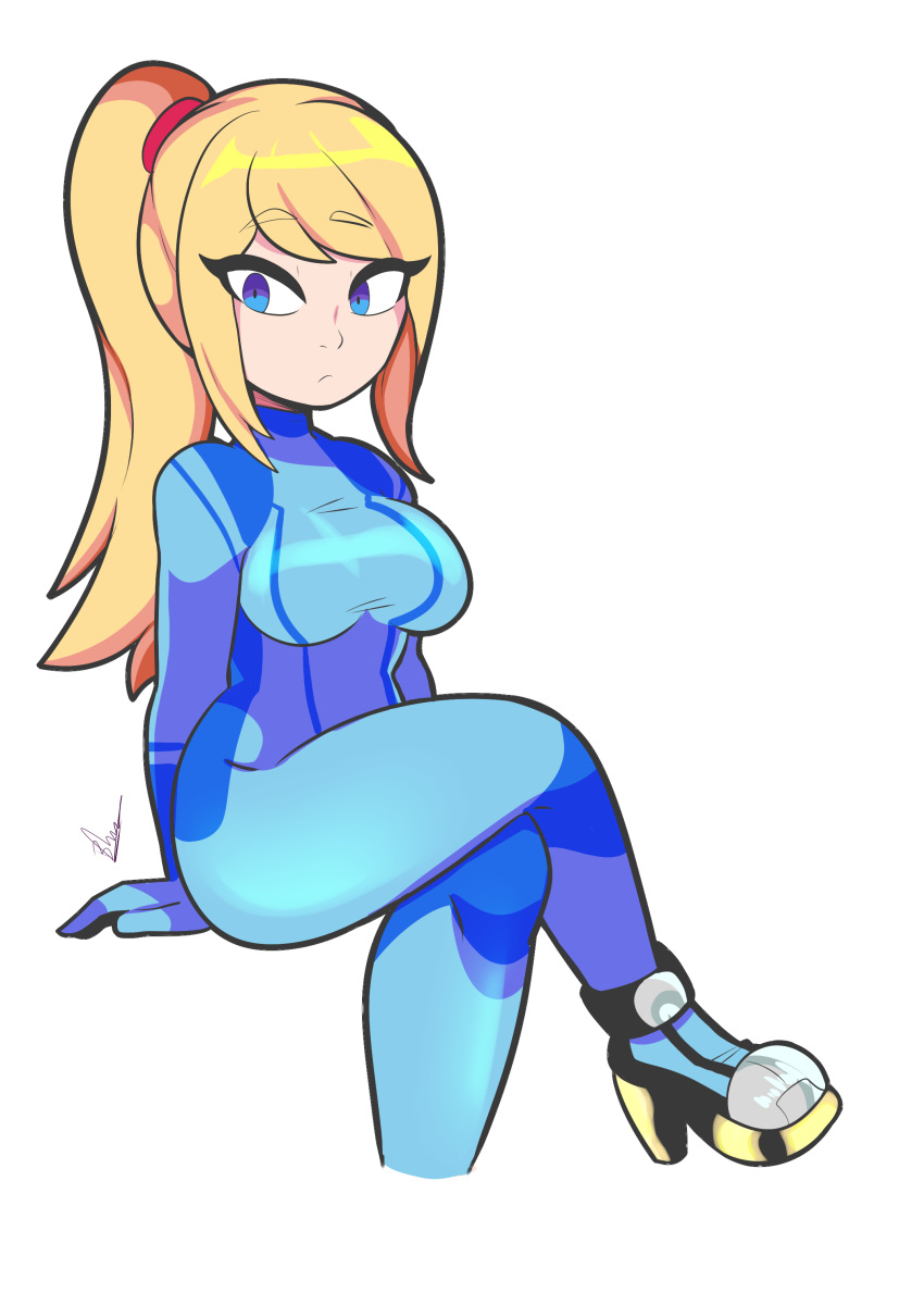 1girl, absurdres, bbycheese, blonde_hair, blue_bodysuit, blue_eyes, bodysuit, breasts