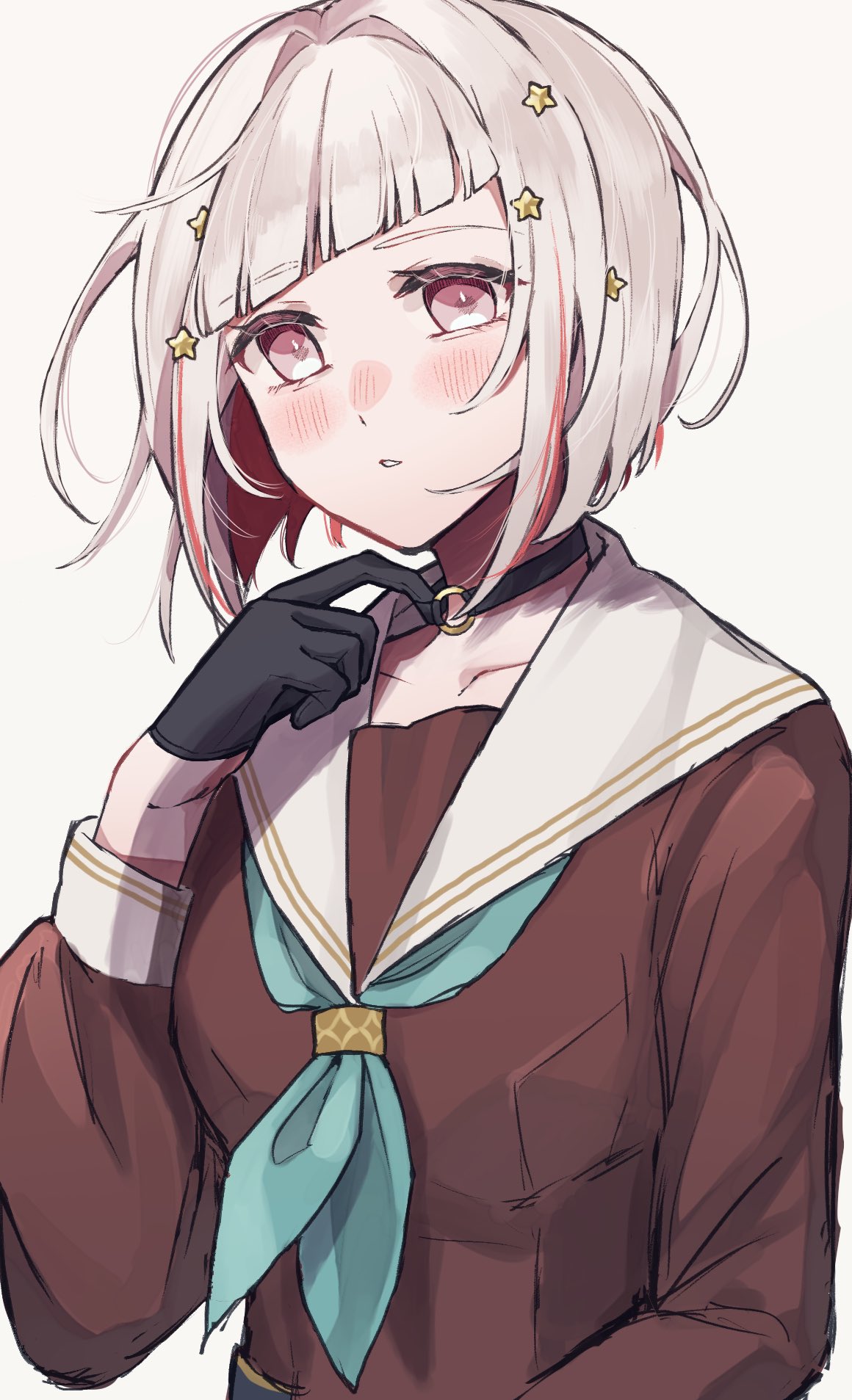 1girl, adjusting_choker, adjusting_clothes, airan_alp, aqua_neckerchief, asymmetrical_bangs, black_choker, black_gloves, blush, bob_cut, brown_dress, choker, collarbone, colored_inner_hair, diagonal_bangs, dress, gloves, grey_hair, hair_ornament, half_gloves, hasu_no_sora_school_uniform, highres, inverted_bob, link!_like!_love_live!, long_sleeves, looking_at_viewer, love_live!, multicolored_hair, neckerchief, nose_blush, o-ring, o-ring_choker, parted_lips, pink_eyes, redhead, sailor_collar, sailor_dress, school_uniform, short_hair, simple_background, solo, star_(symbol), star_hair_ornament, streaked_hair, upper_body, virtual_youtuber, white_background, white_sailor_collar, winter_uniform, yugiri_tsuzuri