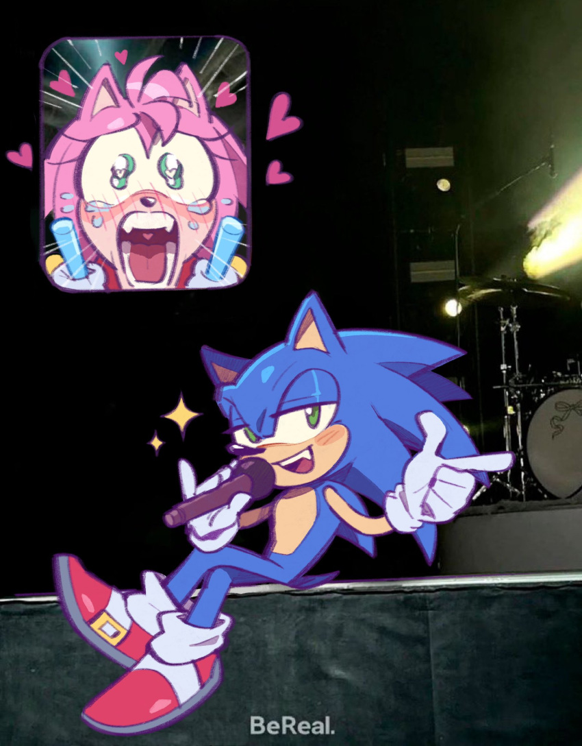 1boy, 1girl, amy_rose, animal_nose, ari_vsart, bereal, blue_fur, commentary, concert, crossed_legs, drum, drum_set, english_commentary, fan_screaming_at_madison_beer_(meme), full_body, furry, furry_female, furry_male, gloves, green_eyes, hedgehog_ears, highres, holding, holding_glowstick, holding_microphone, inset, instrument, looking_at_viewer, meme, microphone, music, open_mouth, photo_background, pink_fur, red_footwear, screaming, singing, sitting, smile, sonic_(series), sonic_the_hedgehog, tears, white_gloves
