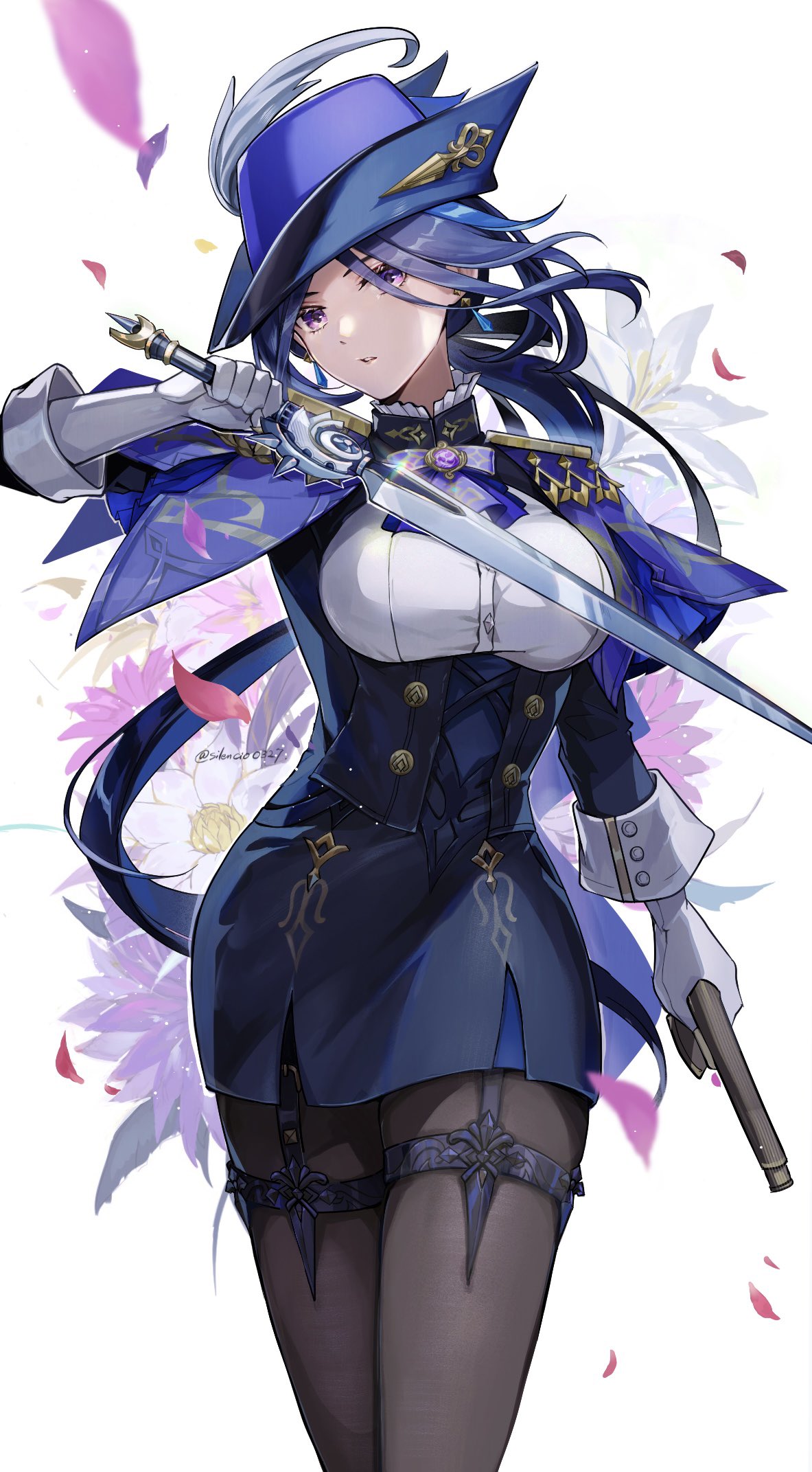 1girl, black_pantyhose, black_skirt, blue_capelet, blue_hair, capelet, clorinde_(genshin_impact), commentary, confetti, corset, cowboy_shot, earrings, garter_straps, genshin_impact, hat, hat_feather, head_tilt, highres, holding, holding_sword, holding_weapon, iron_sting_(genshin_impact), jewelry, looking_at_viewer, miniskirt, muri_(pan'ichi_murimuri_geinin), pantyhose, pencil_skirt, shirt, simple_background, skirt, solo, standing, sword, thigh_strap, tricorne, violet_eyes, weapon, white_background, white_shirt