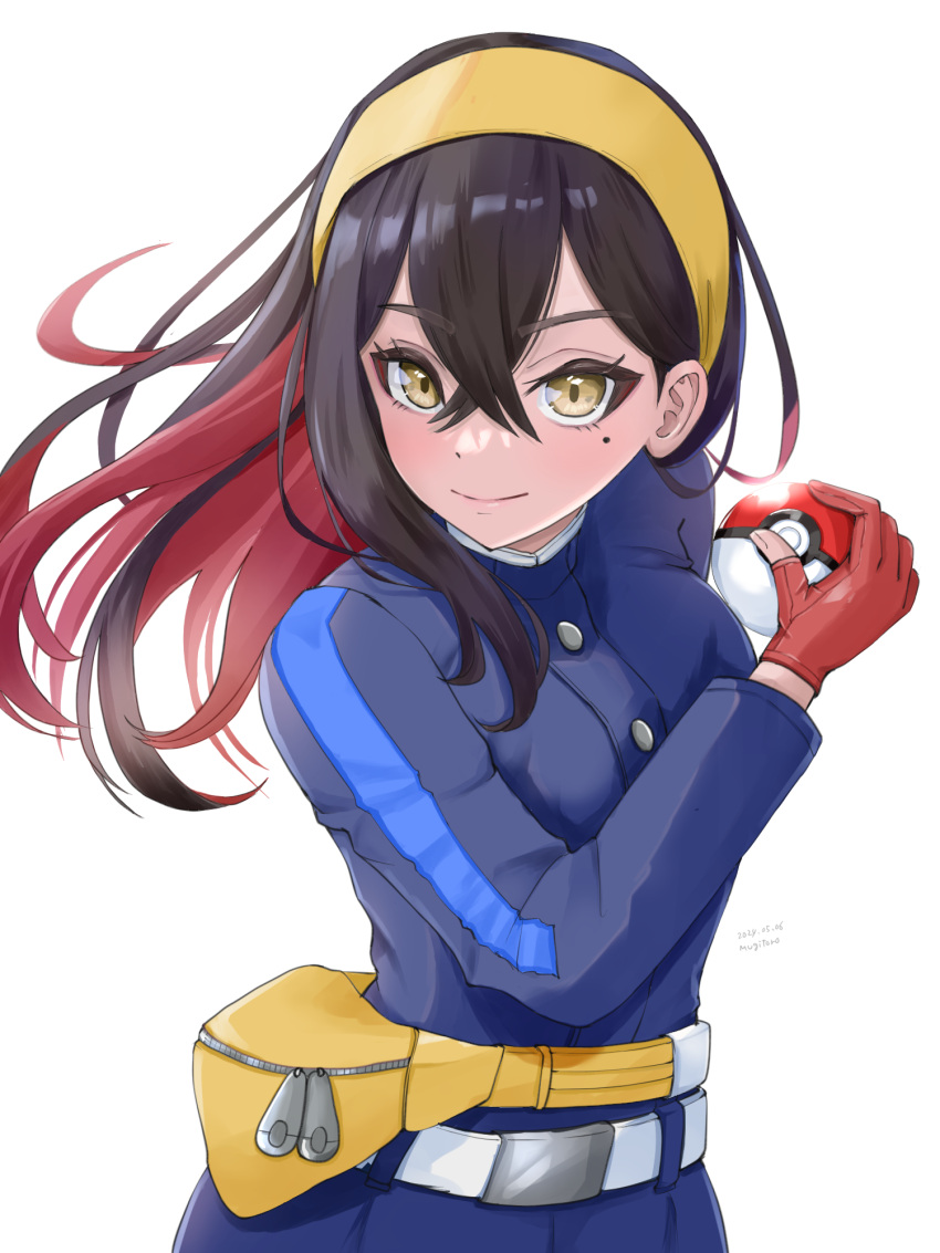 1girl, belt, belt_buckle, black_hair, buckle, buttons, carmine_(pokemon), closed_mouth
