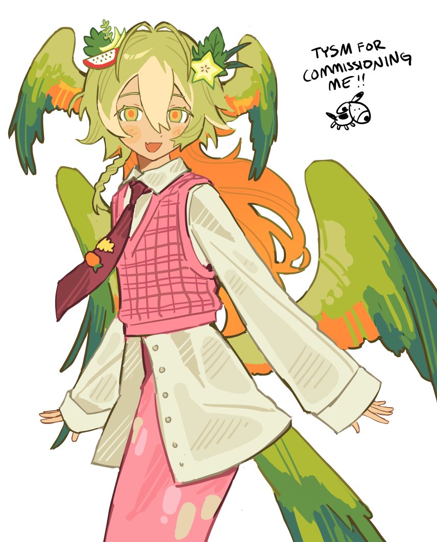 1girl, bird_girl, bird_tail, blush, braid, commentary, commission, fang