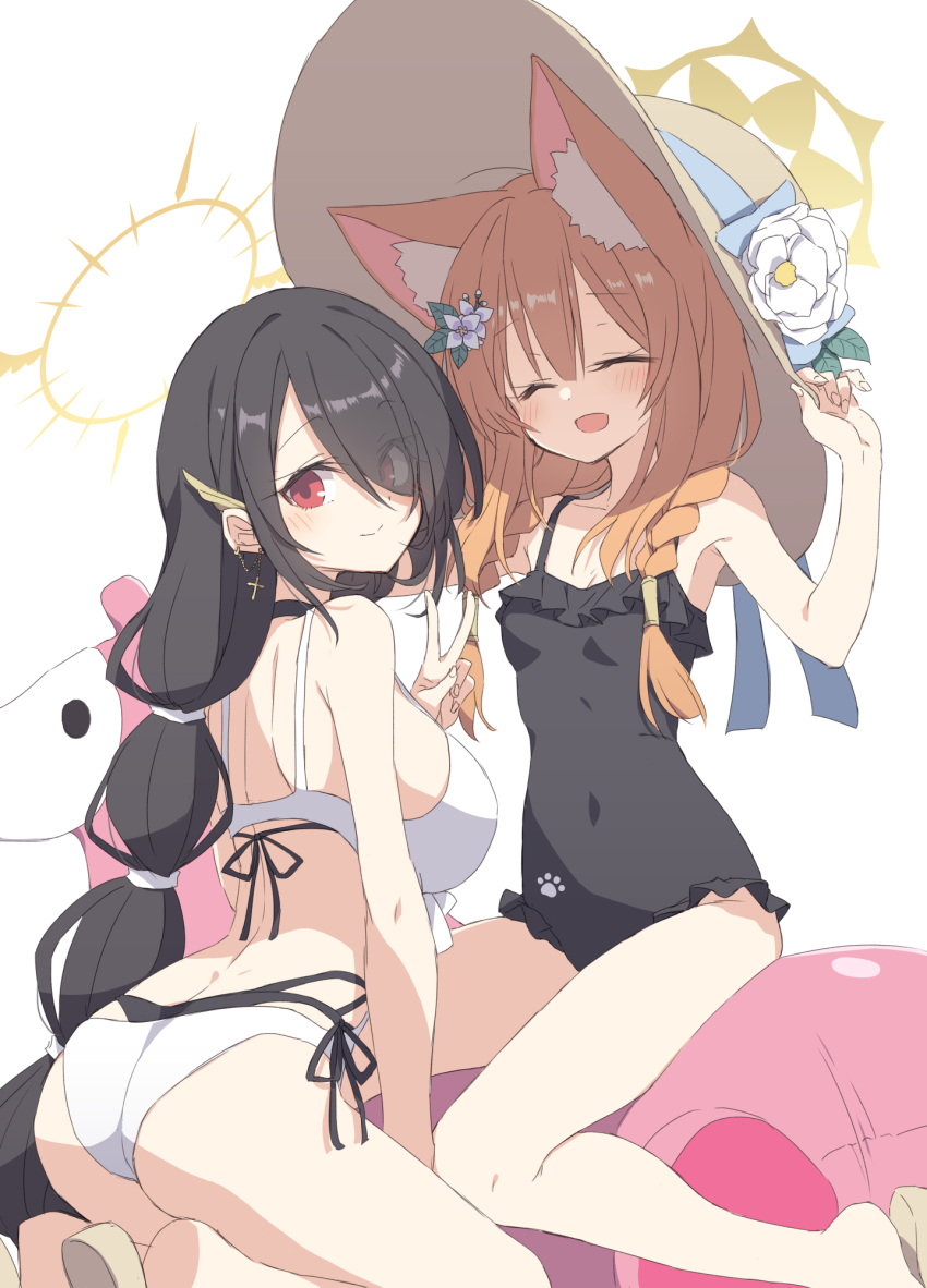 2girls, animal_ears, bikini, black_hair, blue_archive, breasts, fox_ears, halo