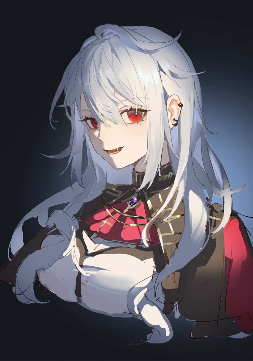 1girl, ascot, brooch, brown_capelet, capelet, cropped_torso, dongyue_shiyu, earclip, fang, from_side, gem, gradient_background, highres, jewelry, long_hair, looking_at_viewer, looking_to_the_side, mole, mole_under_eye, nijisanji, purple_gemstone, red_ascot, red_eyes, sanya_(kuzuha), shirt, sideways_glance, solo, virtual_youtuber, white_hair, white_shirt