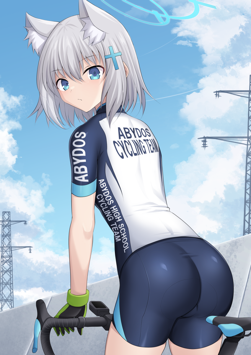 1girl, animal_ear_fluff, animal_ears, ass, bicycle, bike_jersey, bike_shorts, biker_clothes