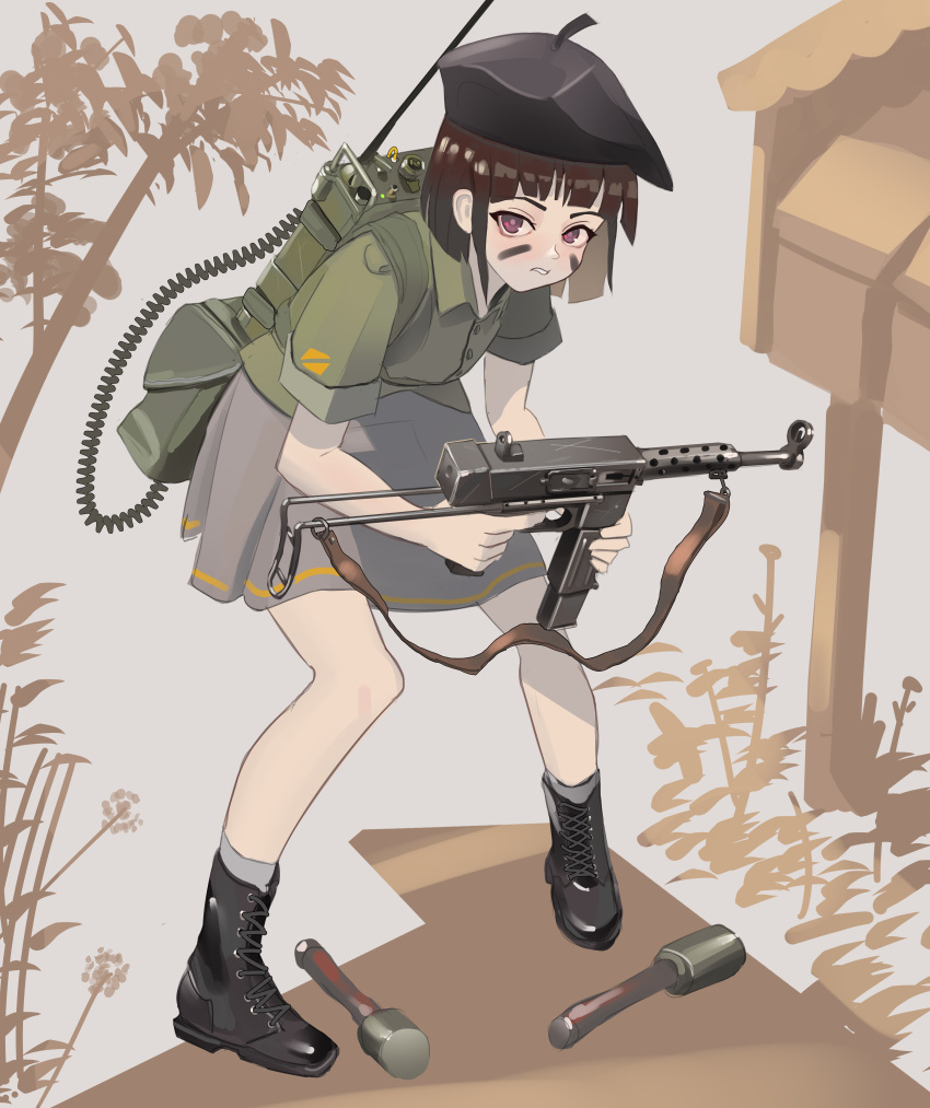 1girl, absurdres, anti-tank_grenade, backpack, bag, bent_over, beret, black_footwear