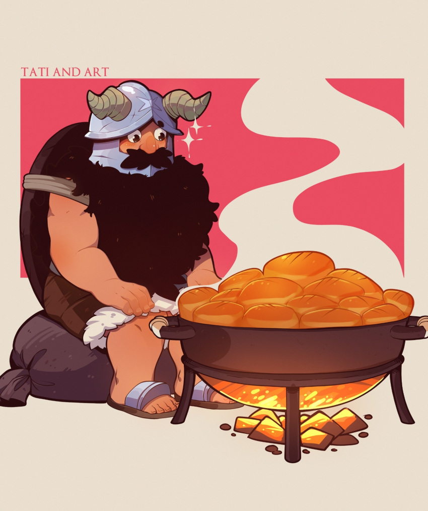 1boy, beard, bread, campfire, derivative_work, dungeon_meshi, dwarf, facial_hair, fake_horns, food, full_body, helmet, highres, horned_helmet, horns, long_beard, male_focus, screenshot_redraw, senshi_(dungeon_meshi), sitting, solo, sparkling_aura, steaming_food, tatiandart1, thick_mustache, toned, toned_male, very_long_beard, wok