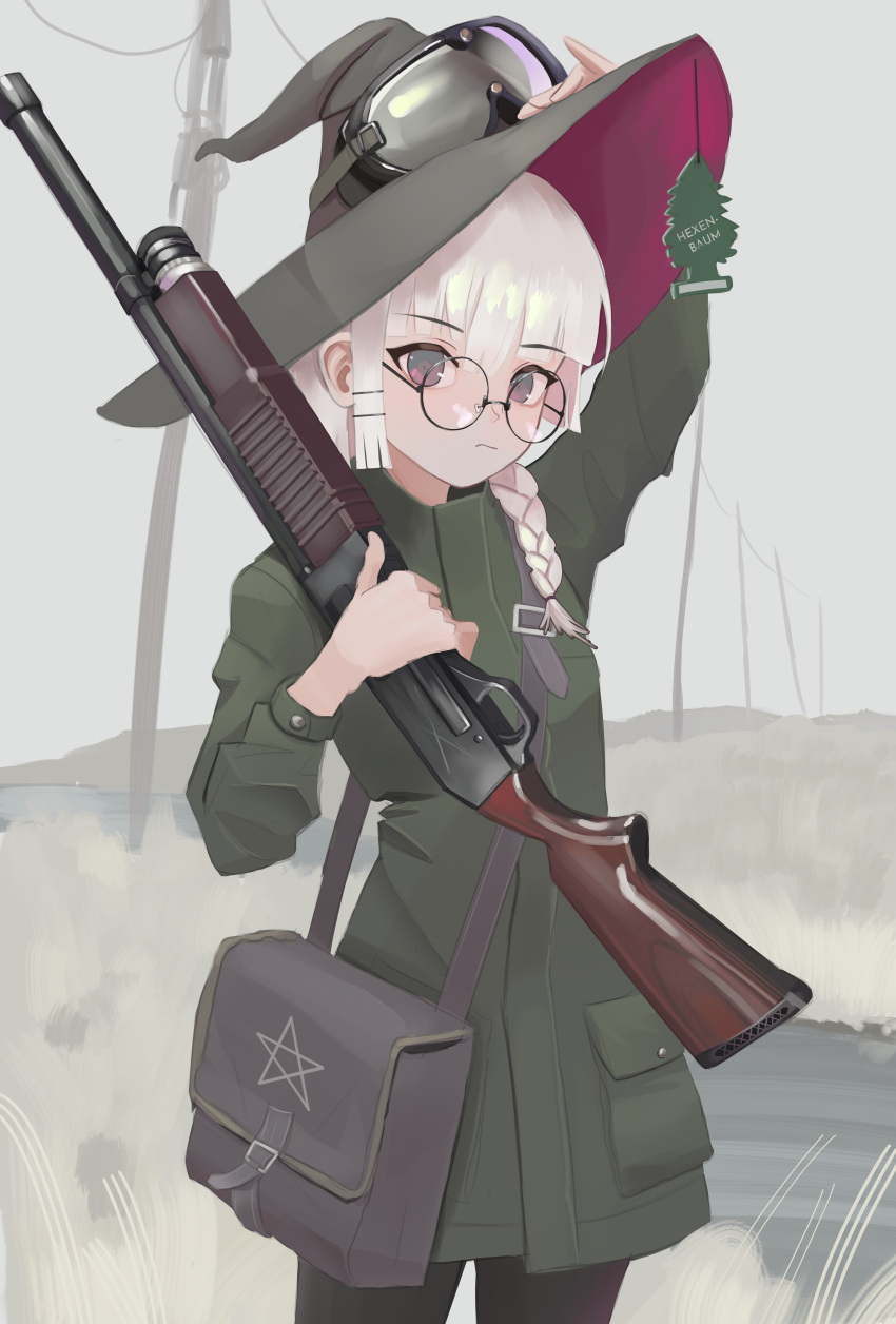 1girl, absurdres, adjusting_goggles, air_freshener, arm_up, bag, black_hat, black_pants