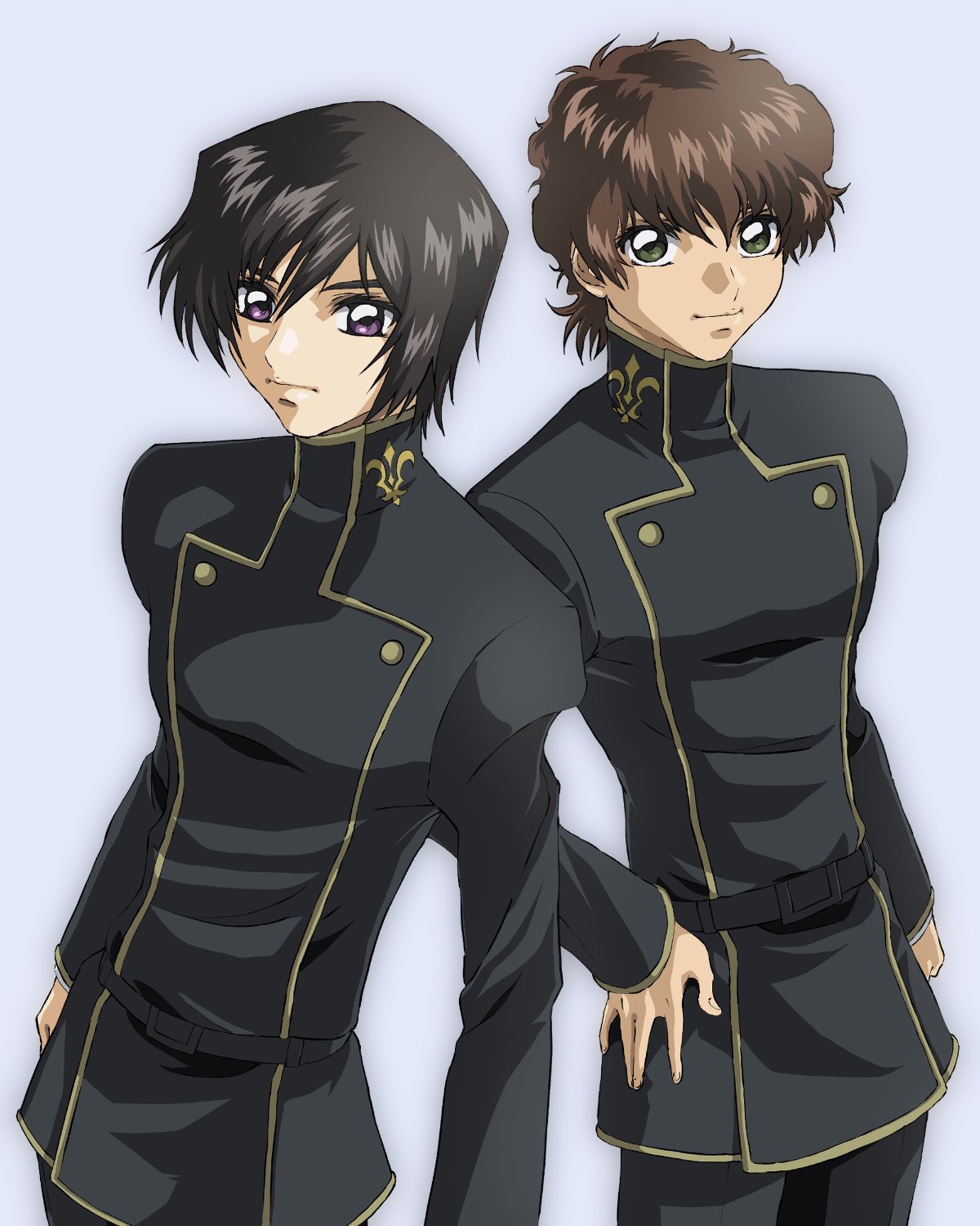 2boys, black_hair, brown_hair, code_geass, green_eyes, gundam, gundam_seed, highres