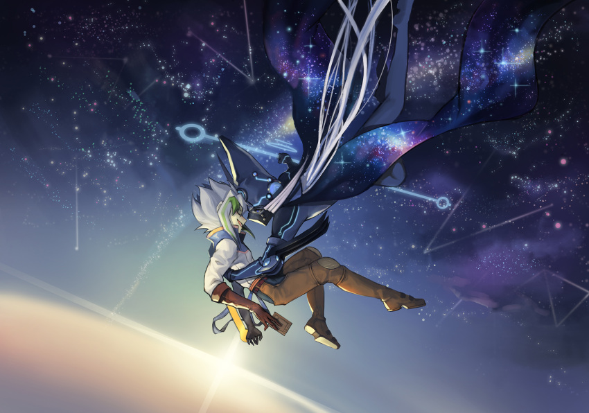 2boys, :d, astrograph_sorcerer, belt, black_mask, blue_bodysuit, blue_cape, blue_eyes, blue_footwear, blue_hat, blue_jacket, bodysuit, boots, brown_footwear, brown_gloves, brown_pants, cape, card, closed_eyes, constellation, covered_mouth, duel_monster, elbow_gloves, face-to-face, fishfall, from_side, full_body, gloves, green_hair, grey_hair, hair_between_eyes, hand_on_another's_back, hat, highres, holding, holding_card, holding_staff, jacket, knee_boots, knee_pads, long_hair, looking_at_another, male_focus, mask, midair, mouth_mask, multicolored_clothes, multicolored_hair, multicolored_jacket, multiple_boys, pants, profile, red_belt, short_hair, sidelocks, sky, smile, spiky_hair, staff, star_(sky), starry_sky, starry_sky_print, streaked_hair, sunrise, two-tone_hair, two-tone_jacket, white_jacket, wizard_hat, yu-gi-oh!, yu-gi-oh!_arc-v, zarc