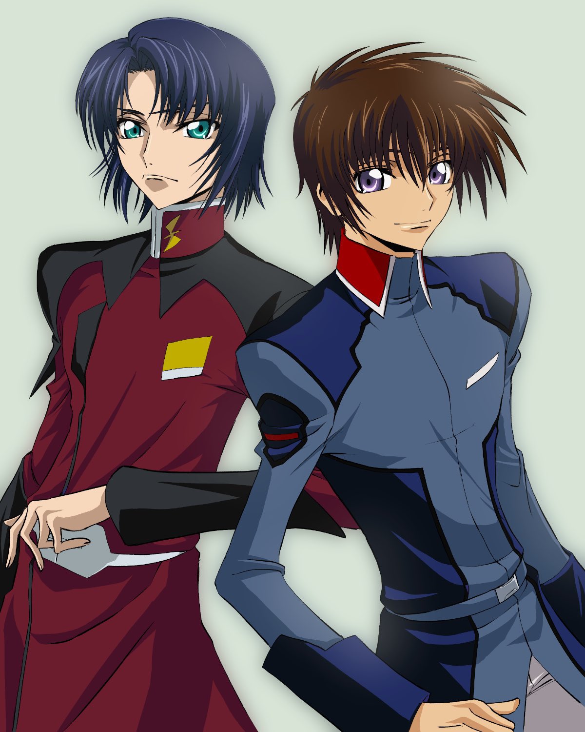 2boys, athrun_zala, blue_hair, brown_hair, clamp_(circle)_(style), code_geass, green_eyes, gundam