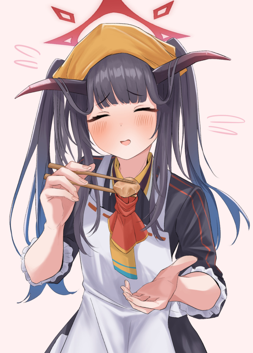 1girl, 4jiri, apron, ascot, black_dress, black_hair, blue_archive, blush