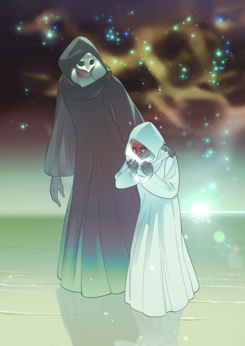 2others, 5altybitter5, amaurotine, black_robe, crying, elidibus, final_fantasy, final_fantasy_xiv, hand_on_another's_shoulder, hands_up, highres, hood, hood_up, hooded_robe, long_sleeves, mask, multiple_others, robe, tears, white_robe