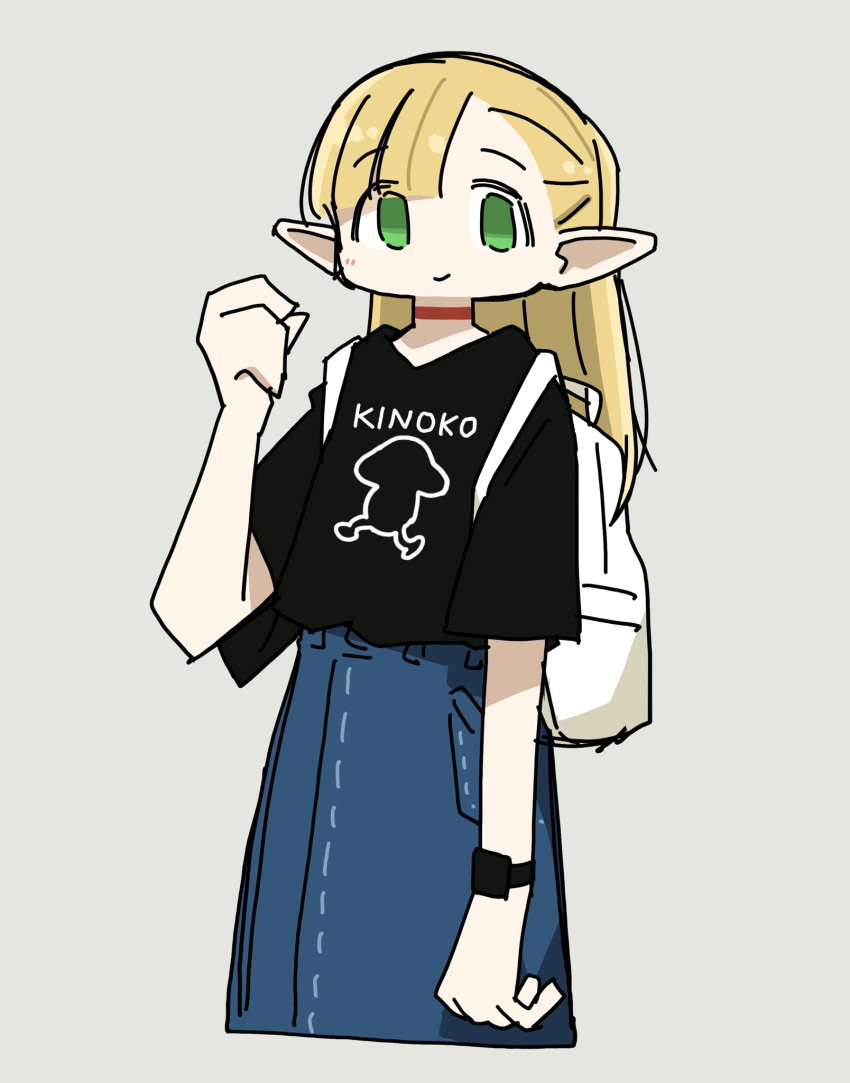 1girl, backpack, bag, black_shirt, blue_skirt, choker, commentary, contemporary