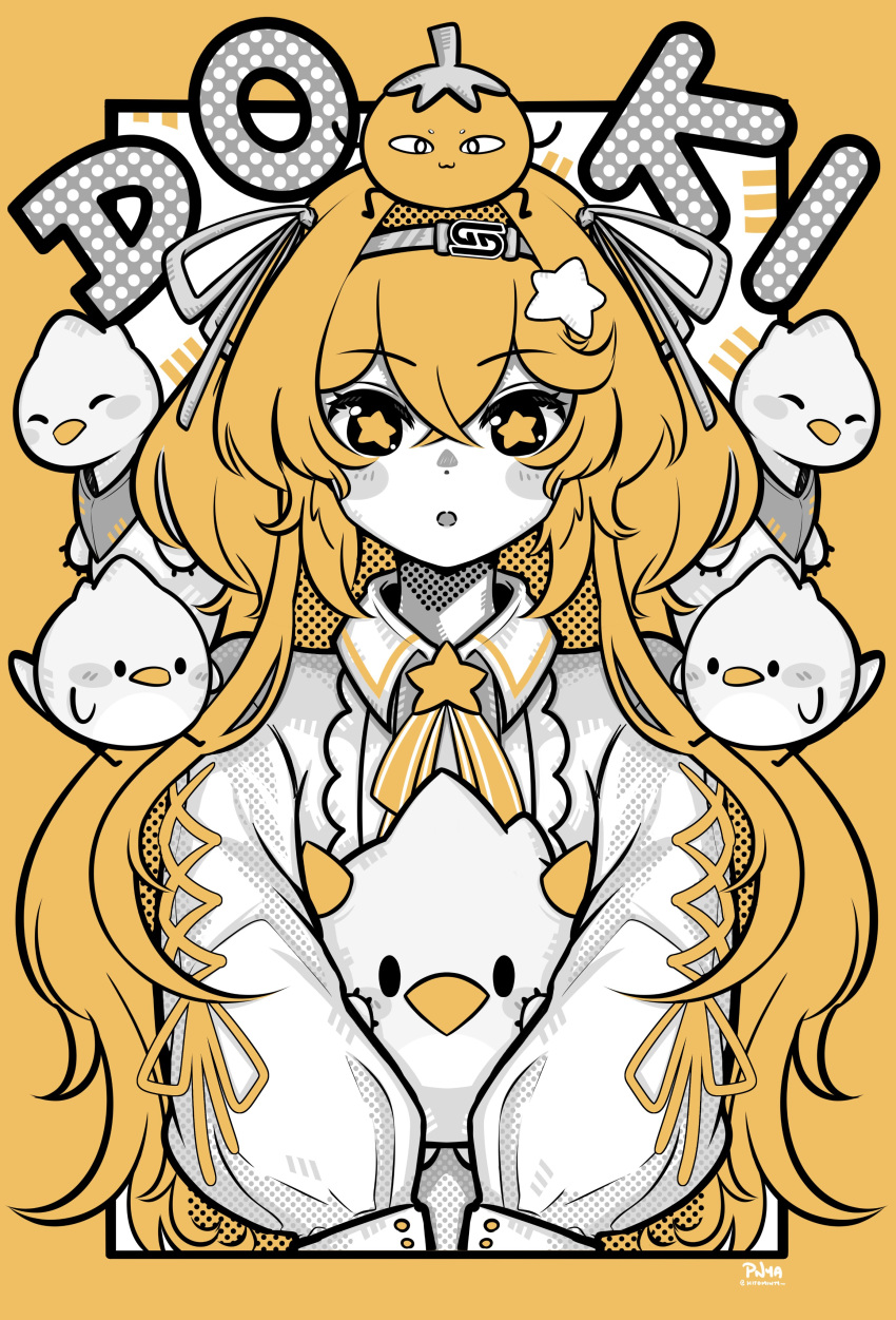 :o, absurdres, blonde_hair, blush_stickers, character_name, dokibird_(vtuber), dokibird_(vtuber)_(tomato), dragoon_(selen_tatsuki)