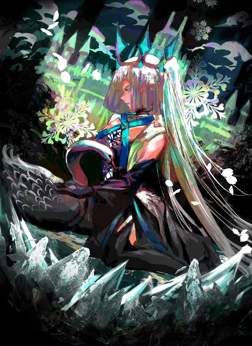 1girl, animal, bare_shoulders, black_dress, black_footwear, black_gloves, black_swan_(bird), blue_eyes
