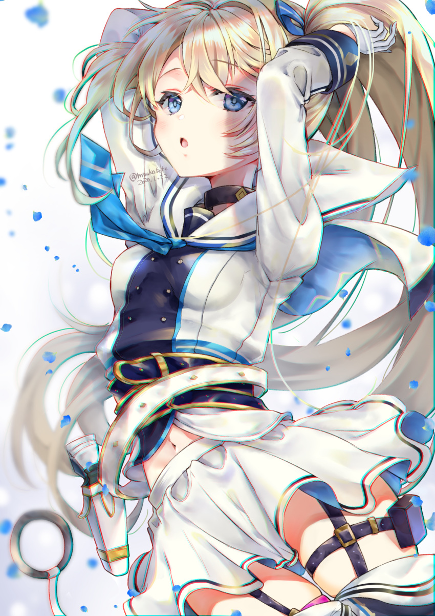 1girl, belt, blonde_hair, gun, highres, long_sleeves, miruko_tete, navel, ponytail, riltet_(shironeko_project), sailor_collar, school_uniform, serafuku, shironeko_project, solo, thigh_strap, weapon, white_uniform, winter_uniform