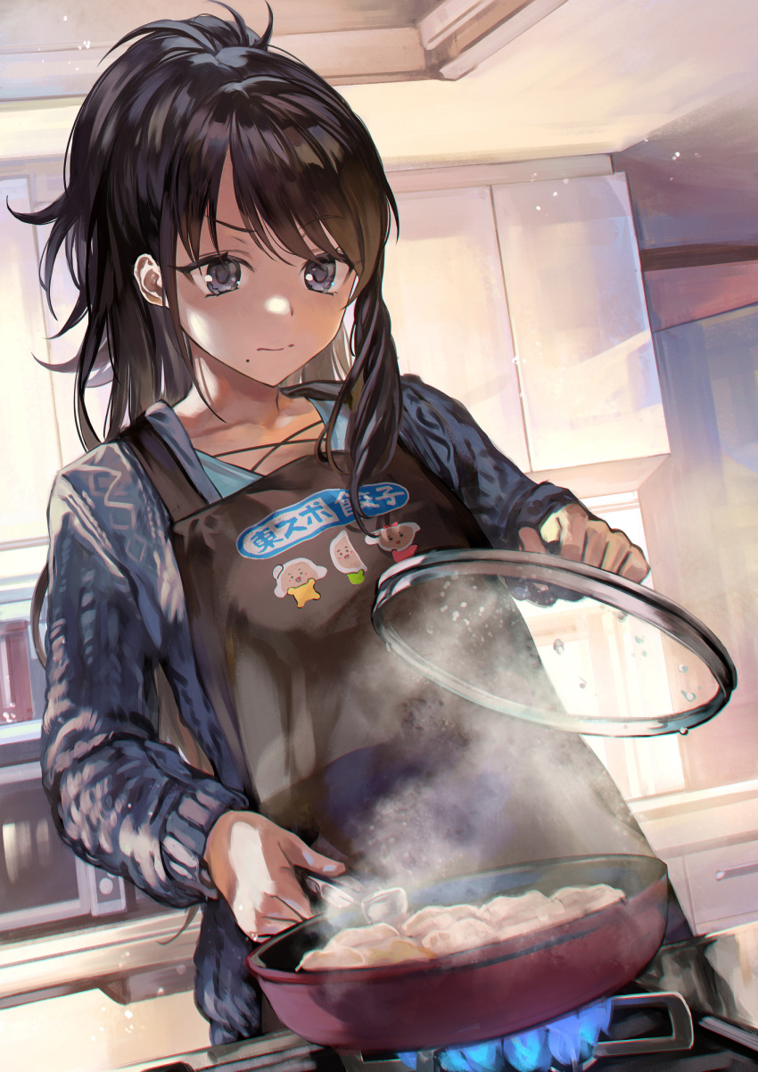 1girl, apron, black_hair, blue_fire, brown_apron, collarbone, cooking, dumpling