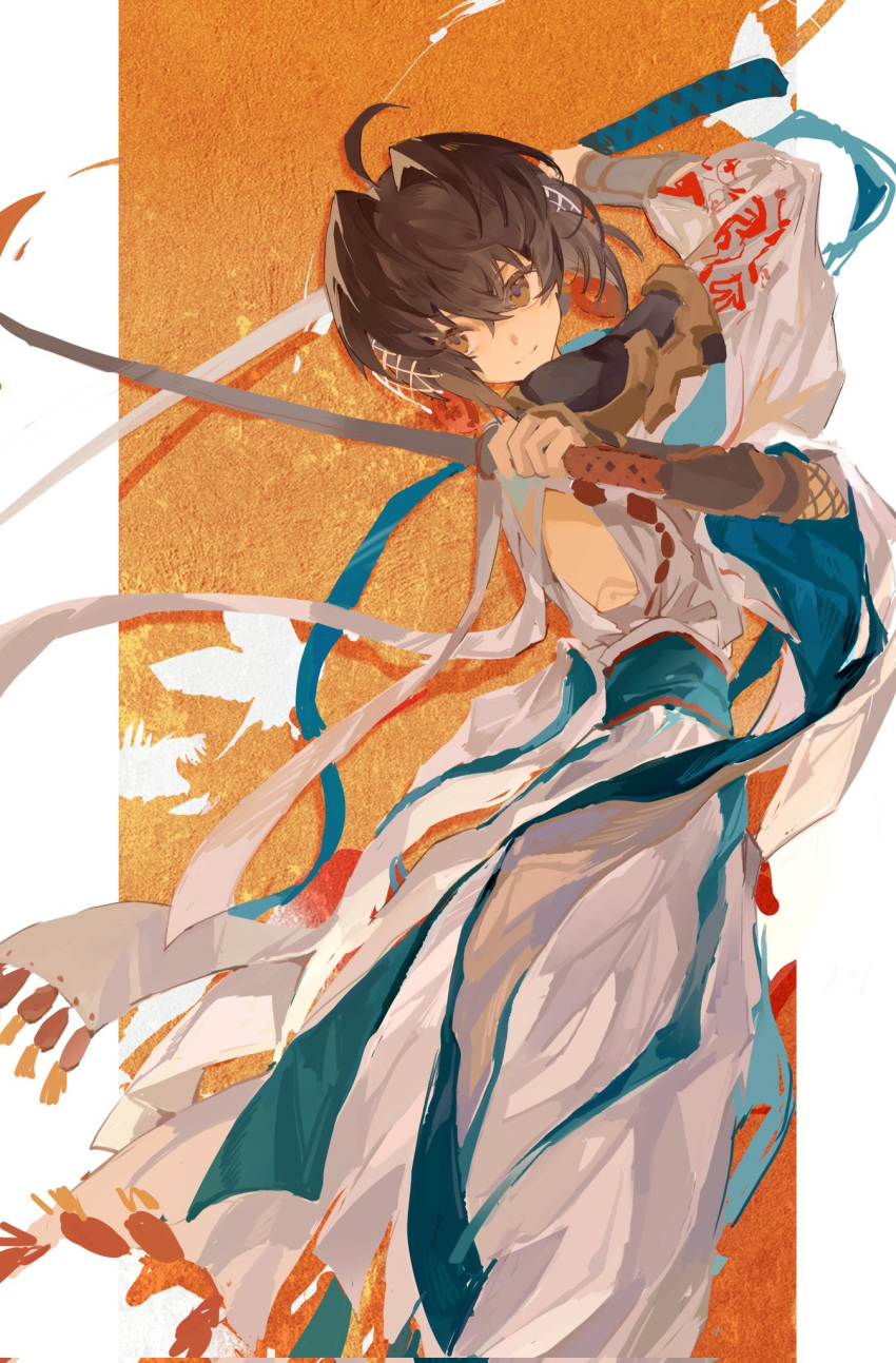 1other, ahoge, arm_guards, brown_hair, dress, dual_wielding, earrings, fan23313, fate/samurai_remnant, fate_(series), highres, holding, holding_sword, holding_weapon, jewelry, katana, magatama, magatama_earrings, obi, official_alternate_costume, official_alternate_hairstyle, sash, shoulder_guard, side_slit, sidelocks, solo, sword, weapon, white_dress, yamato_takeru_(fate), yellow_eyes