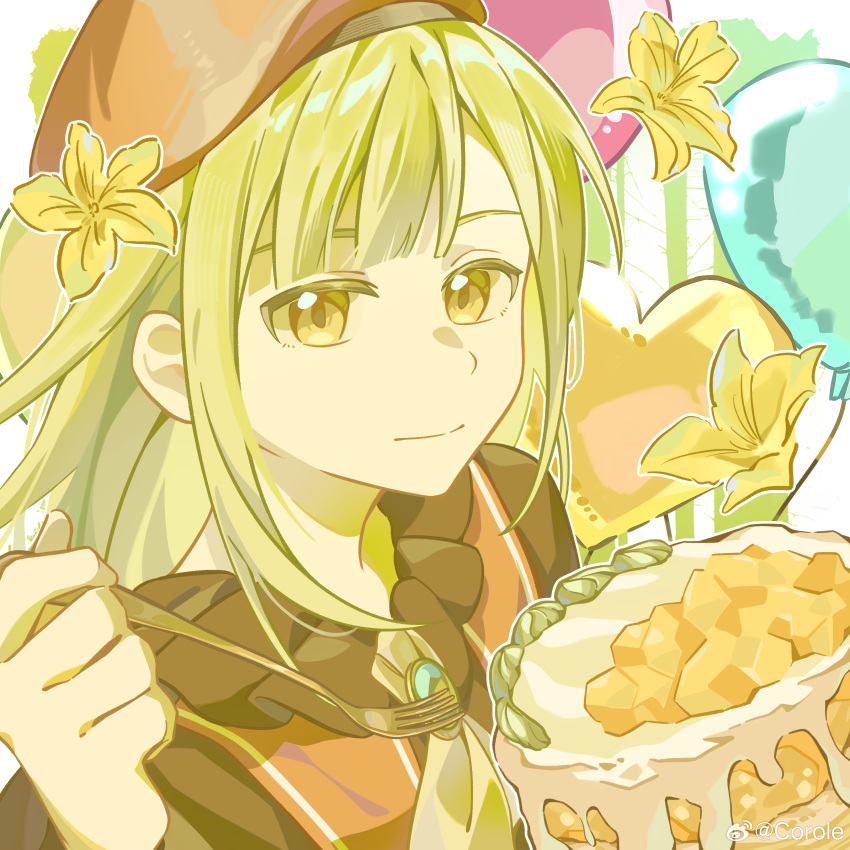 1girl, absurdres, balloon, bang_dream!, bang_dream!_it's_mygo!!!!!, black_shirt, cake, chinese_commentary, closed_mouth, commentary_request, cucumber_flower, english_text, flower, food, fork, green_hair, hand_up, hat, heart, highres, holding, holding_fork, long_hair, looking_at_viewer, mixed-language_commentary, red_hat, shirt, smile, solo, upper_body, wakaba_mutsumi, weibo_watermark, yellow_eyes, yellow_flower, yui_k_(yuik48074789)