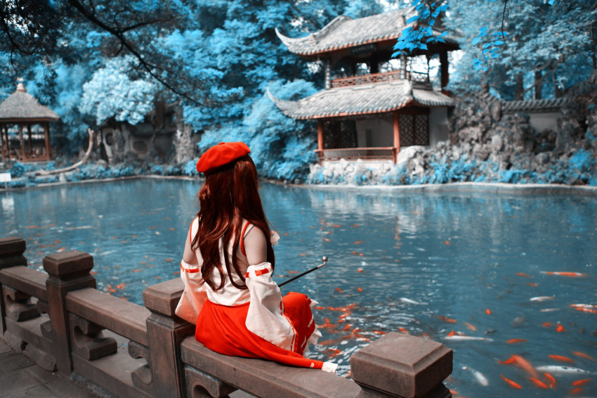 1girl, bare_shoulders, brown_dress, brown_hair, commentary_request, cosplay_photo, detached_sleeves, dolls_in_pseudo_paradise