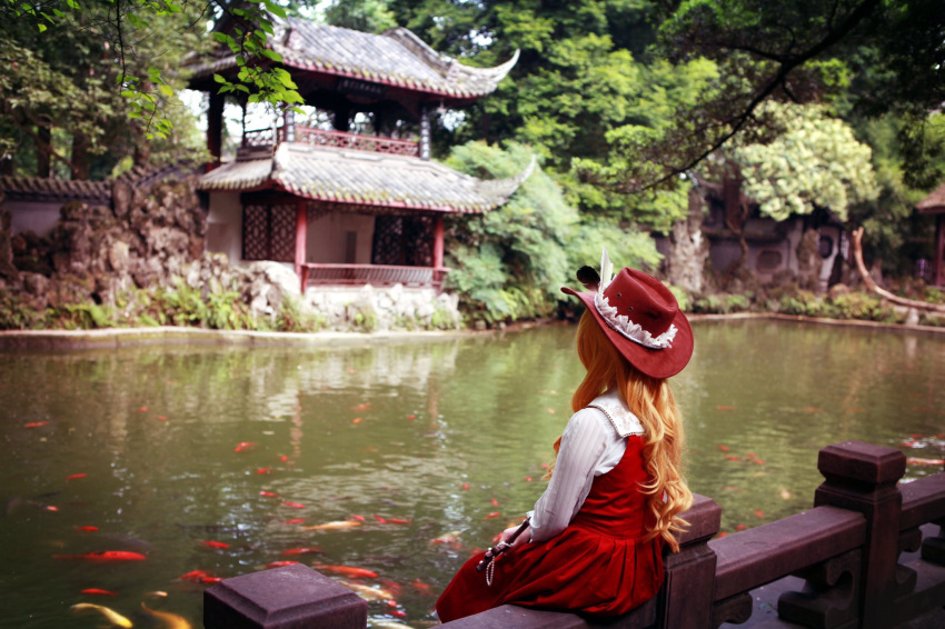 1girl, blonde_hair, brown_dress, brown_hat, collared_shirt, commentary_request, cosplay_photo, cross